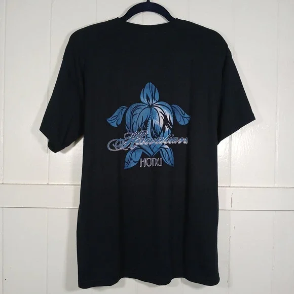 Hawaiian Honu Sea Turtle Graphic T-Shirt Gildan DryBlend Mens Large Black Navy - Picture 4 of 8